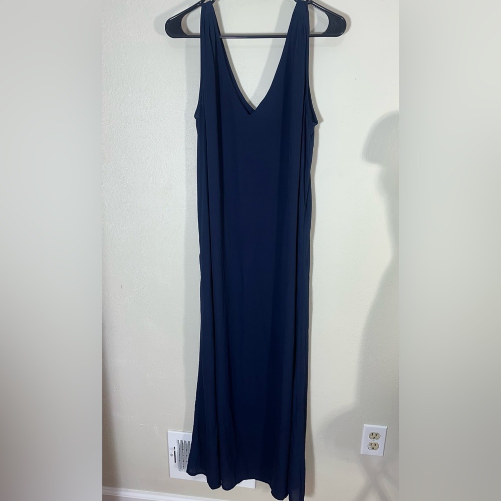 J Crew M Crepe Slip Dress Double V Neck Back Maxi Long Tank Boho Navy Blue A7837 - Picture 9 of 9